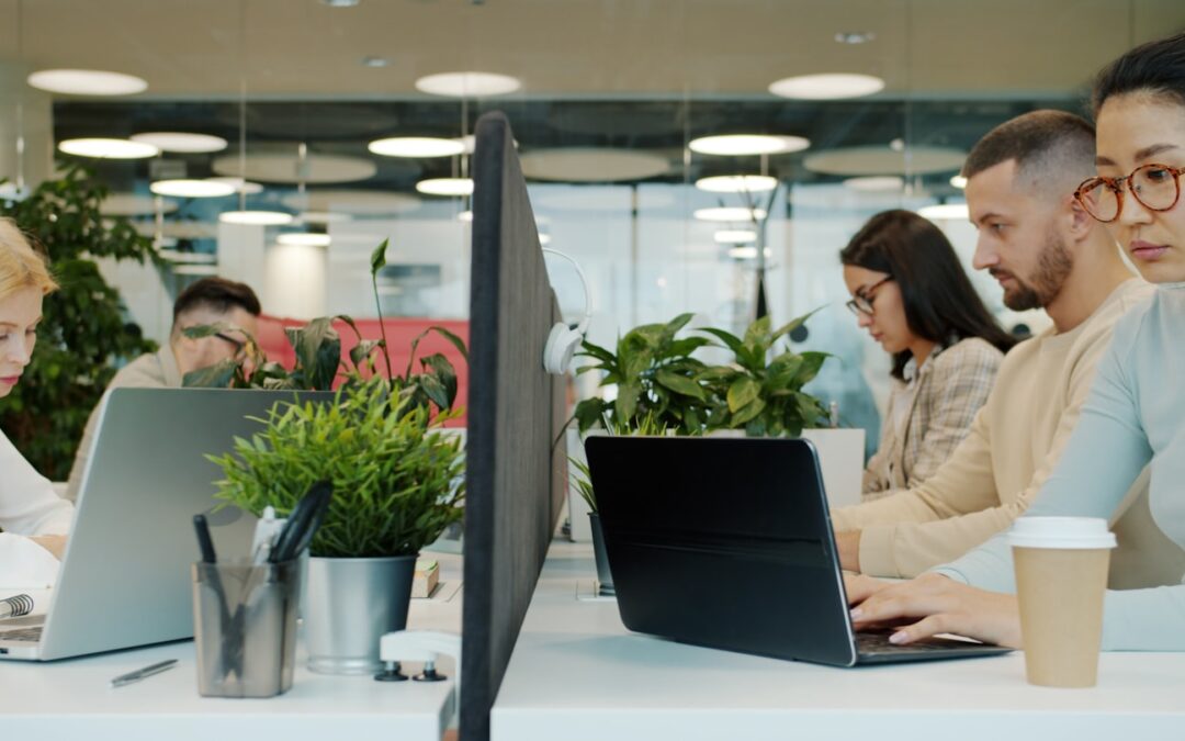 People working at desks in a modern office