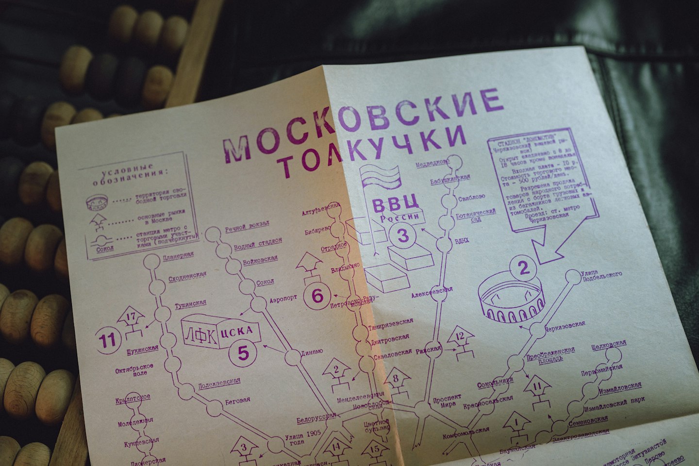 A vintage Moscow guidebook — "Moskovskie Tolkuchki" (Brief Guide, 1993) — rests on a worn abacus and dark leather.