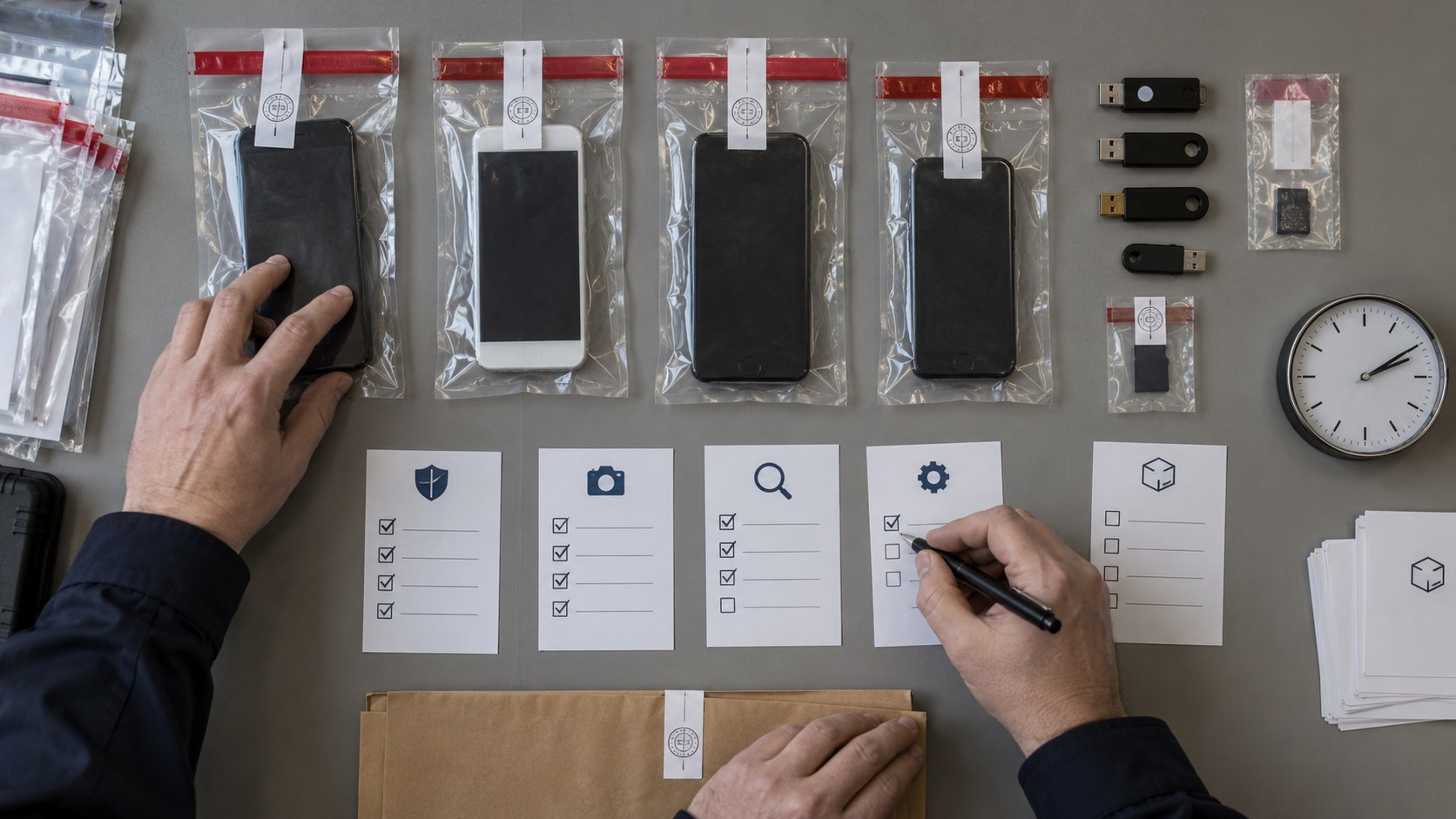 Вид сверху на опломбированные смартфоны, аппаратные ключи, часы и карточки этапов; руки специалистов проверяют устройство и отмечают выполненные действия.