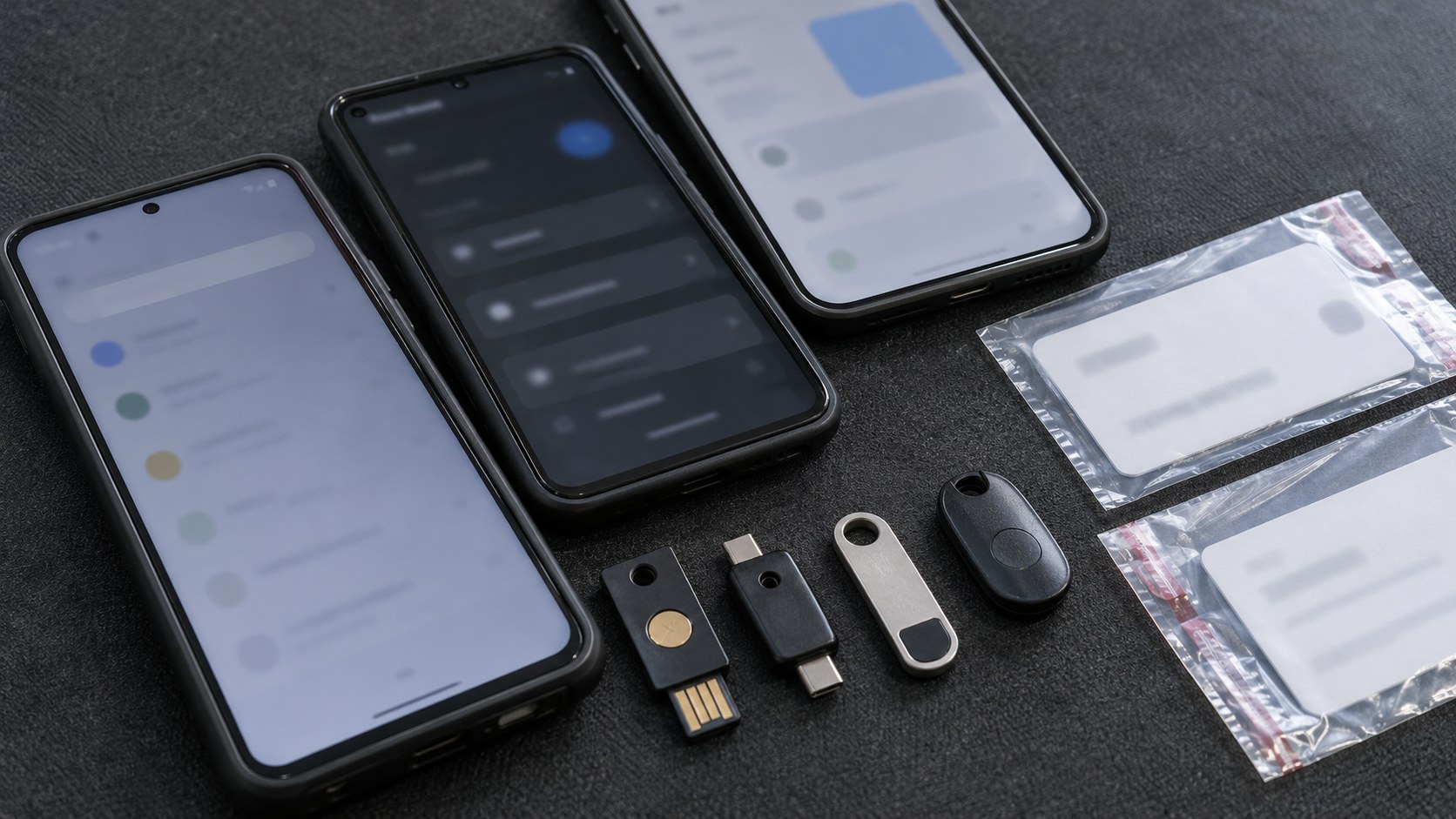 Три служебных смартфона, четыре аппаратных ключа и две опечатанные карты учётных записей на тёмном антистатическом.
