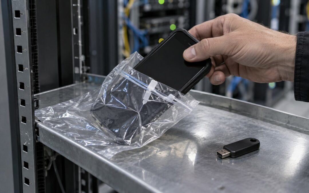 Рука администратора извлекает служебный смартфон в защитном чехле из опломбированного пакета на металлической полке серверной рядом с аппаратным ключом.