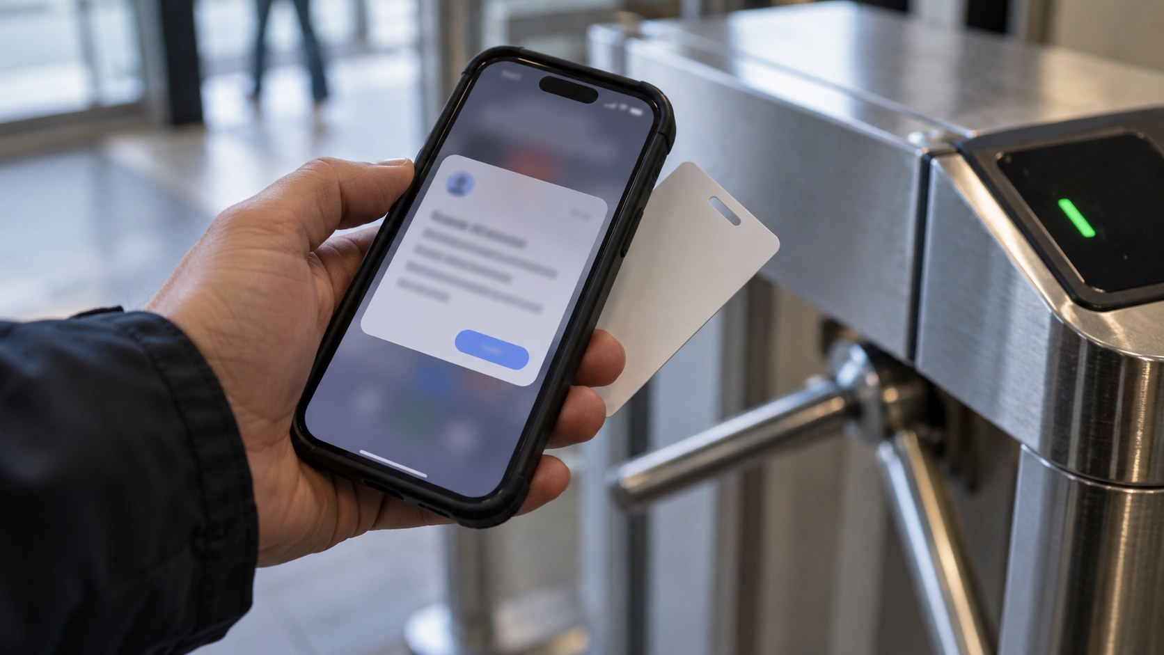 Рука сотрудника держит служебный смартфон с размытым кадровым уведомлением и пропуск без логотипа рядом с турникетом предприятия.