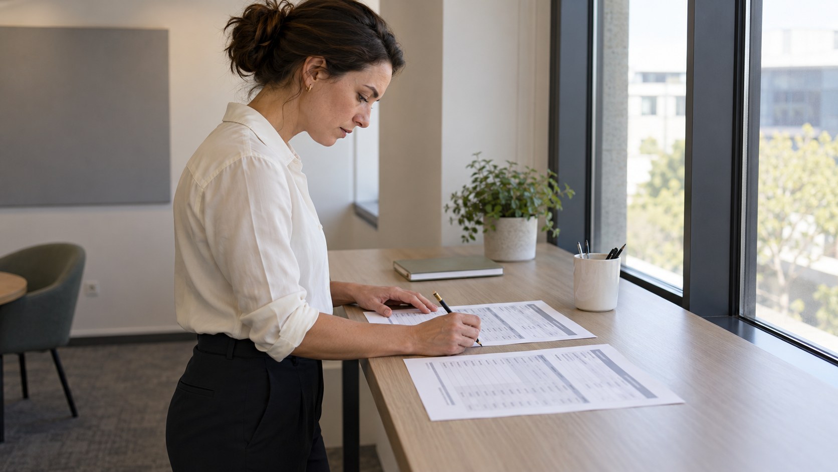 Специалист по закупкам стоя сравнивает два обезличенных коммерческих предложения и отмечает карандашом расхождения при дневном свете.