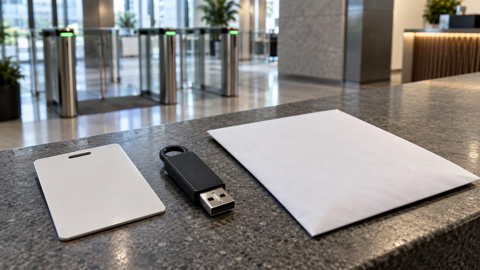 Служебный пропуск, аппаратный USB-ключ доступа и запечатанный конверт лежат на стойке безопасности в офисном холле